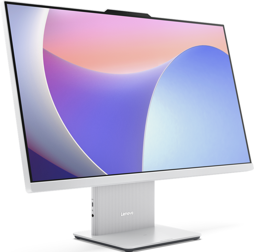 Computer all-in-one bianco. Ha uno schermo, un supporto e una base verticale argentata con il logo Lenovo.