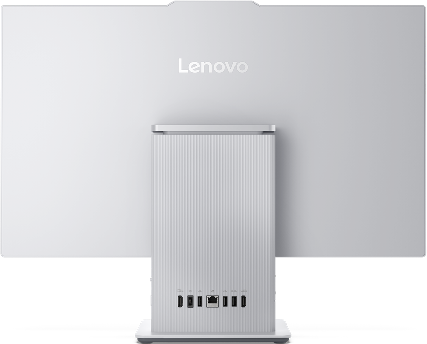 Il retro di un monitor per computer Lenovo bianco, con logo Lenovo e porte.