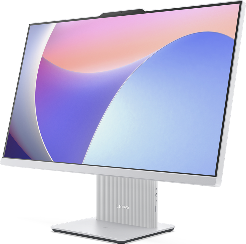 Monitor Lenovo bianco su supporto argentato, con sfondo colorato.