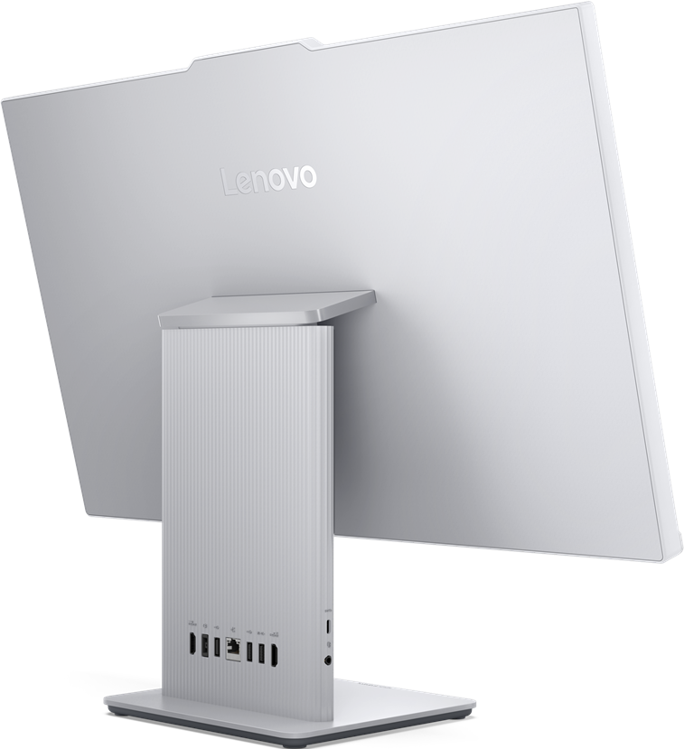 Vista posteriore del monitor Lenovo bianco, con porte e supporto.