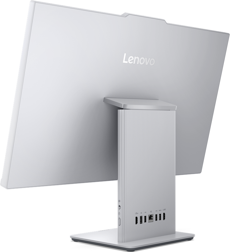 Vista posteriore di un computer Lenovo all-in-one. Colore bianco con logo Lenovo sul retro.