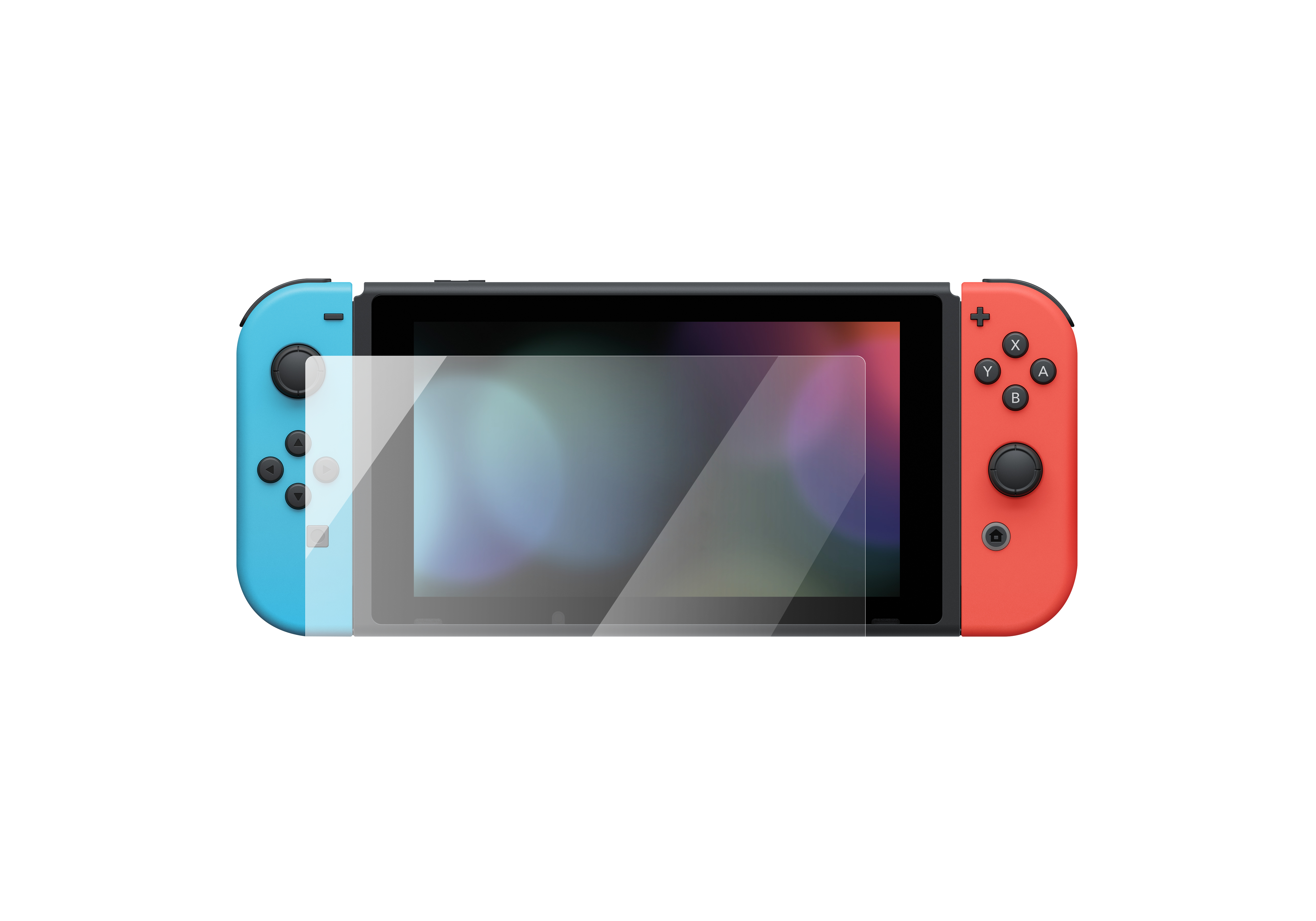 Eine Nintendo Switch-Spielkonsole mit angebrachtem Displayschutz.