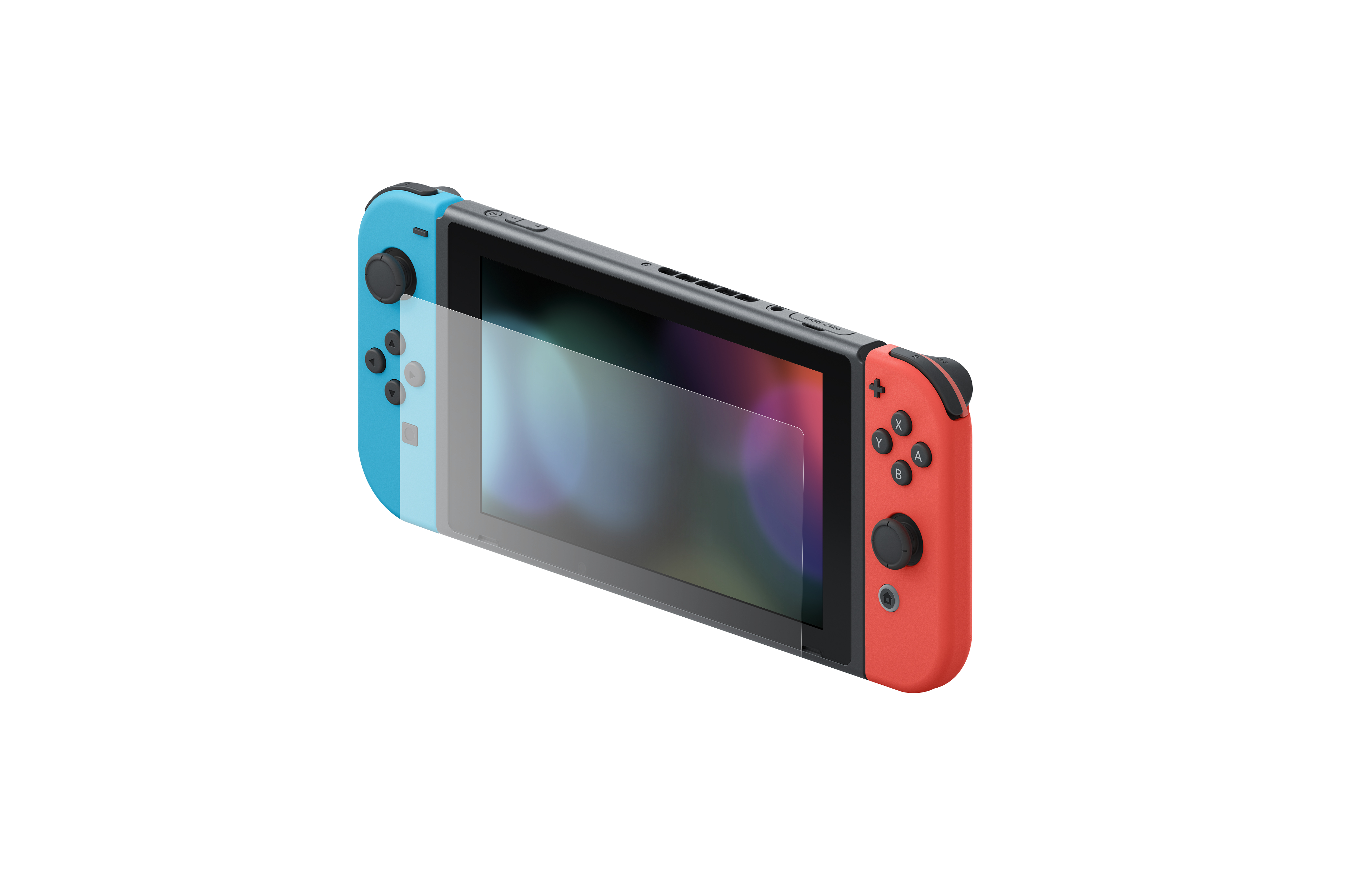 Nintendo Switch-Konsole, blaue und rote Joy-Cons, Bildschirm mit Displayschutz. Weißer Hintergrund.