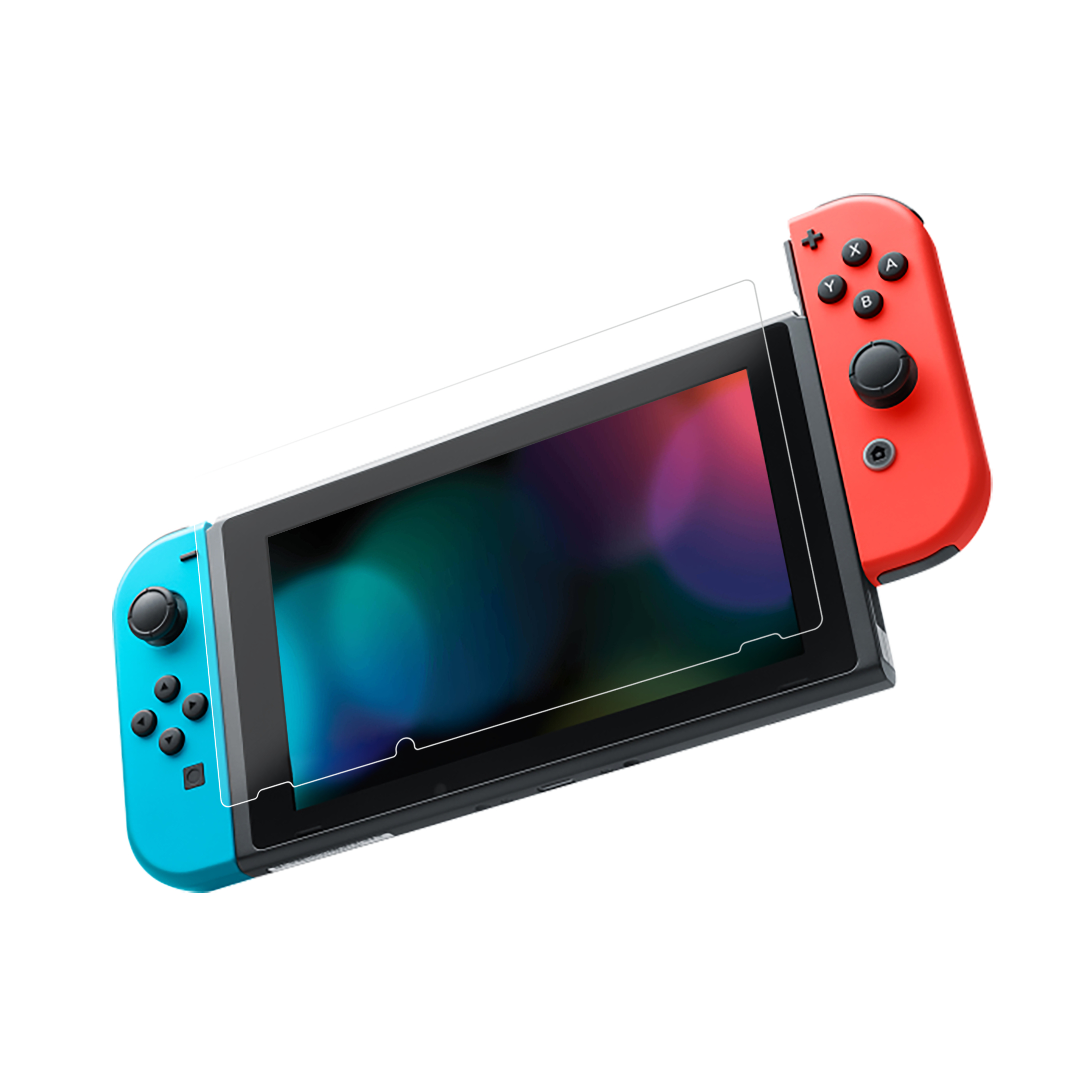 Nintendo Switch-Konsole mit roten und blauen Controllern, Displayschutzfolie angebracht.