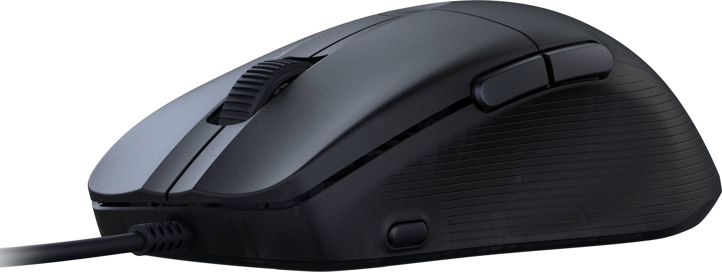 Mouse da gioco nero con due pulsanti laterali e una rotella. Sfondo nero.