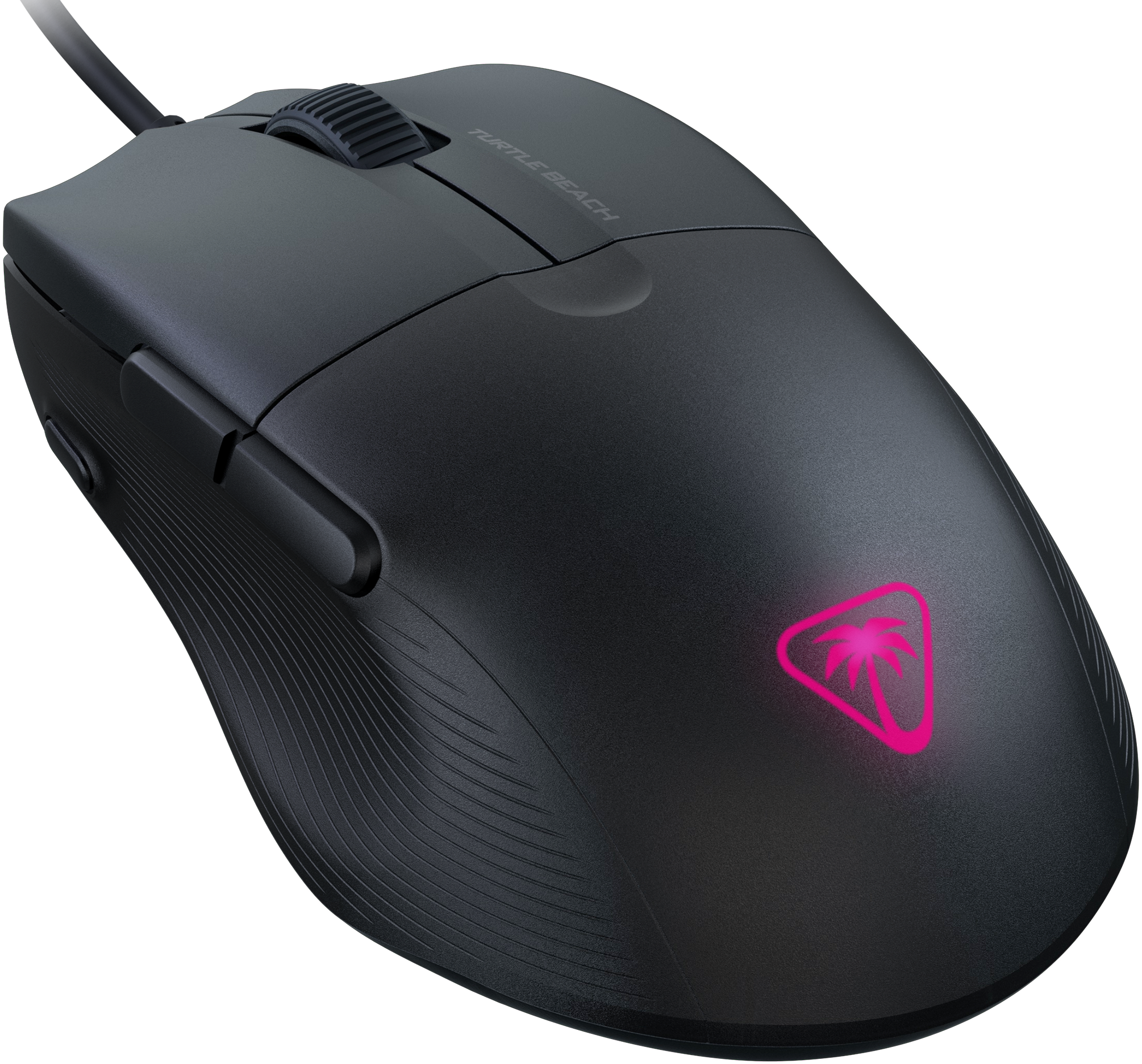 Mouse gaming nero con logo rosa acceso.