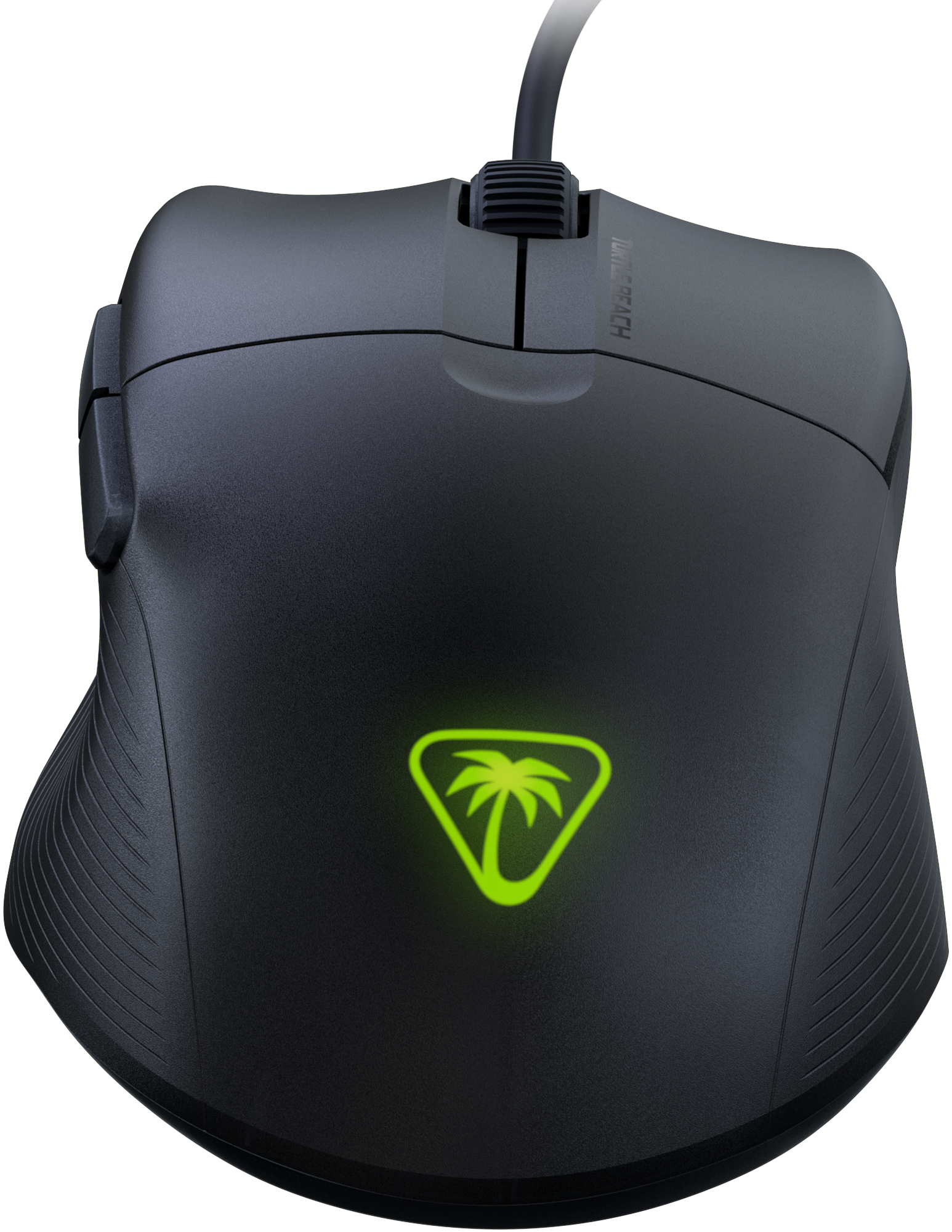 Mouse da gioco nero con un logo a forma di palma verde brillante.