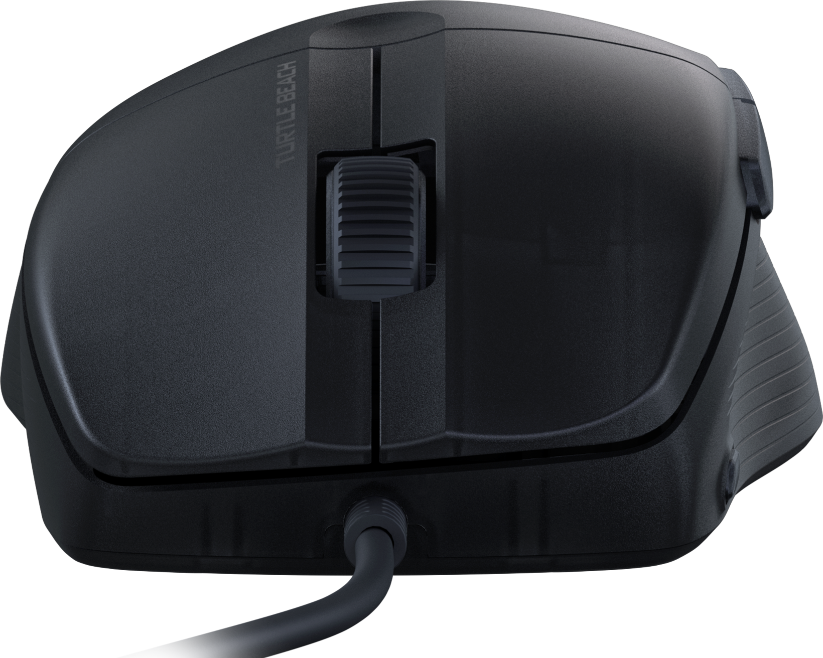 Mouse da gaming ergonomico nero con pulsanti laterali e cavo. Logo Turtle Beach visibile. Sfondo nero.