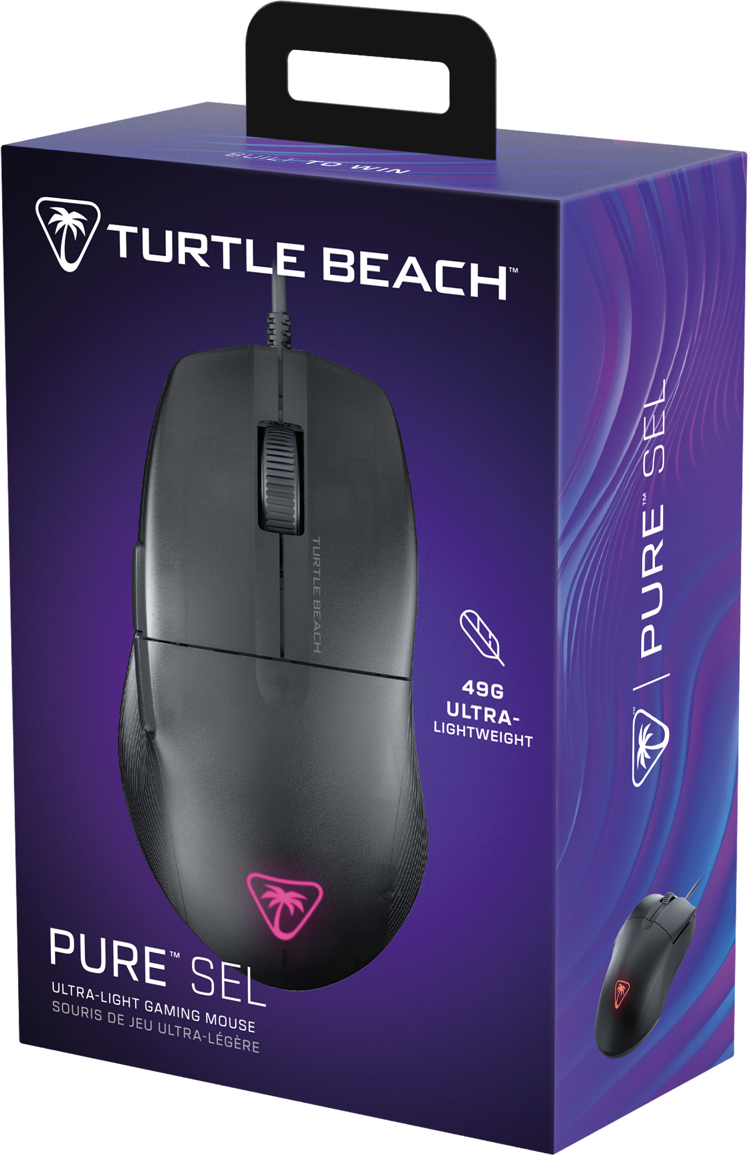 Mouse da gaming nero in una scatola viola con un logo.