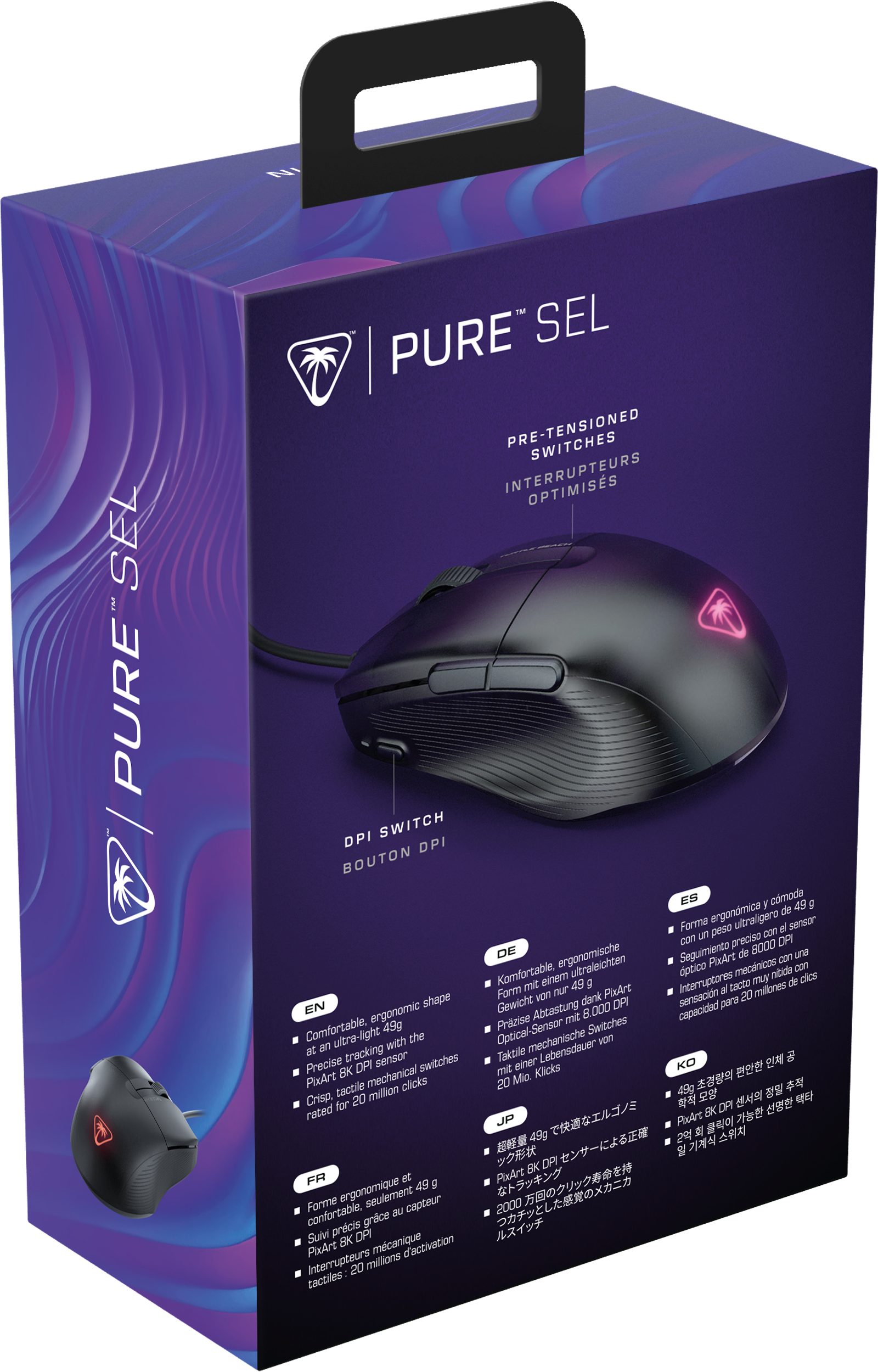 Mouse gaming nero in scatola con dettagli e maniglia.