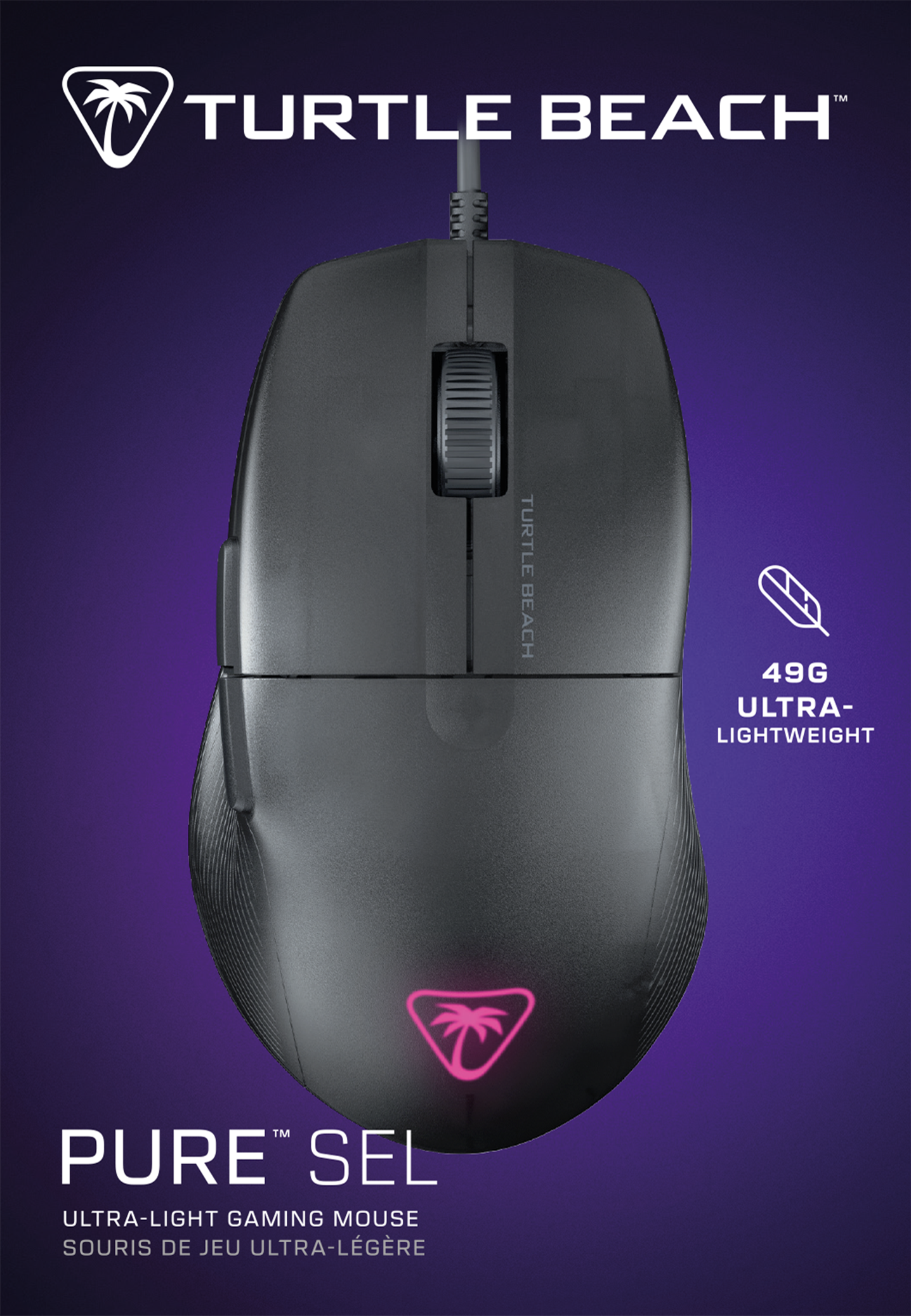 Mouse gaming Turtle Beach Pure Sel nero, con testo e logo, su sfondo viola.