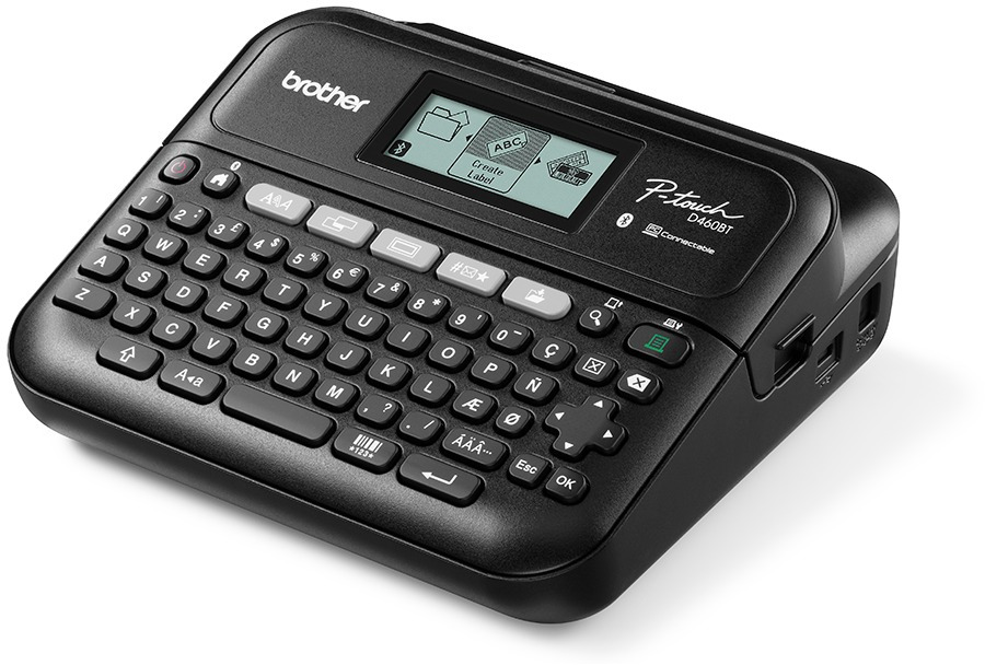 A black Brother P-touch label maker with a keyboard, display, and various function buttons.