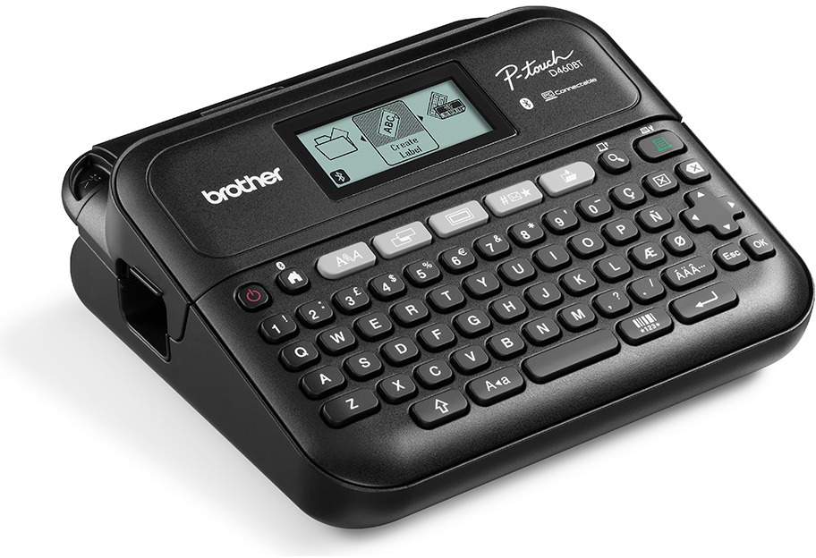 A black label maker with a keyboard and a small display. The brand is Brother.