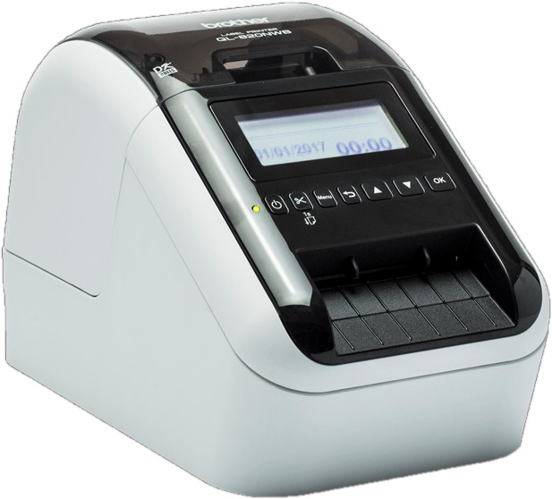 Brother label printer, white and gray, with a screen and buttons.
