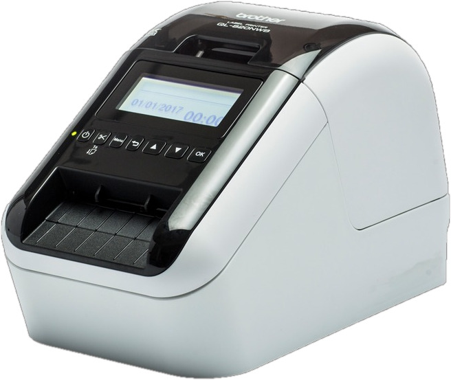 Label printer, white and black. Display shows date. Buttons and a slot. Angled view.