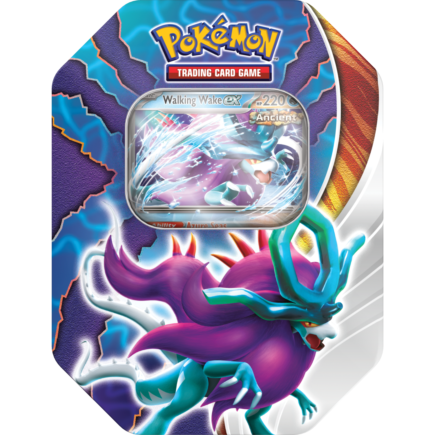 Pokemon Trading Card Game blik met een Walking Wake EX kaart. Het blik heeft een blauw en paars ontwerp, met een illustratie van Suicune.