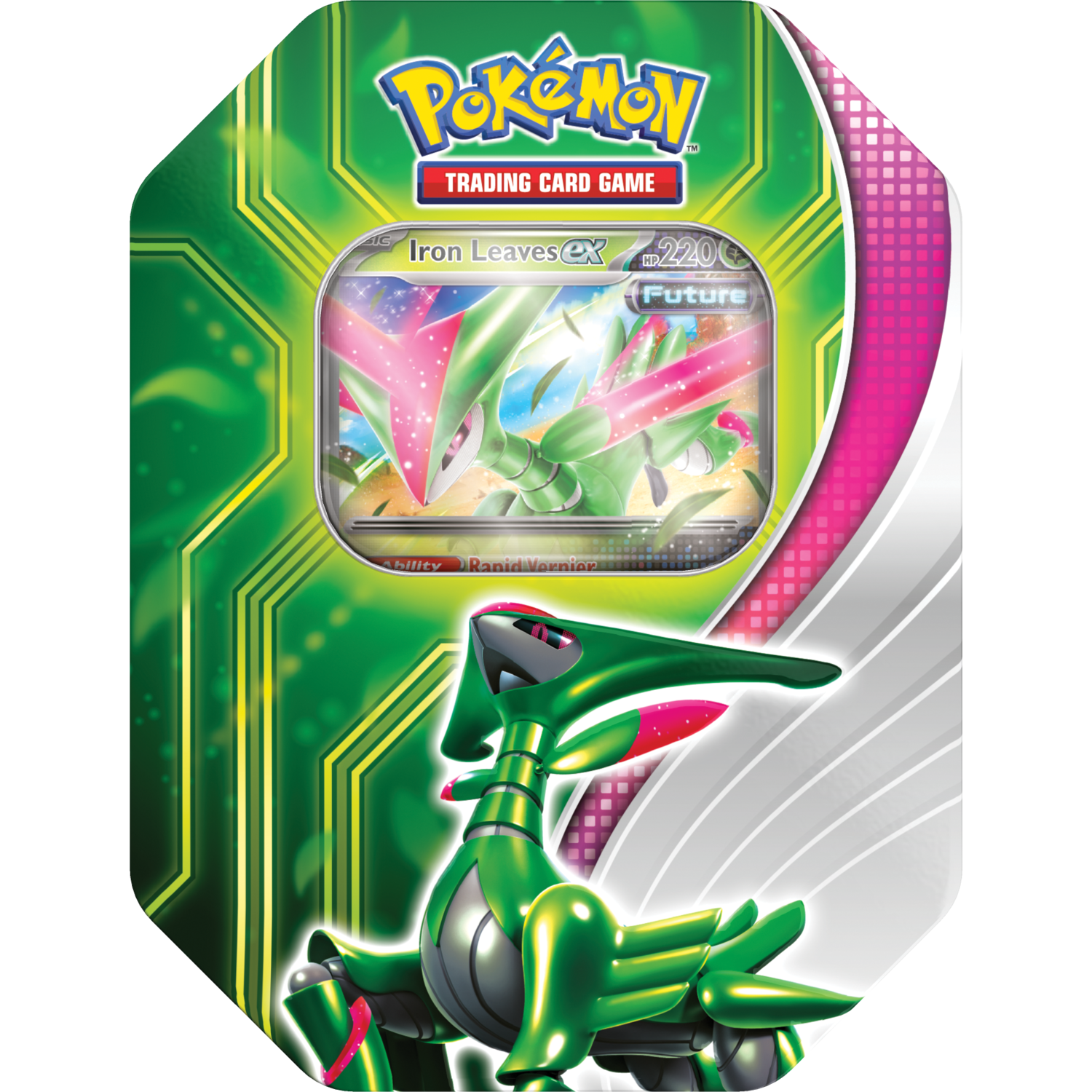 Een Pokemon trading card tin met Iron Leaves EX. De tin is groen en roze met een afbeelding van de kaart en een groene Pokemon.