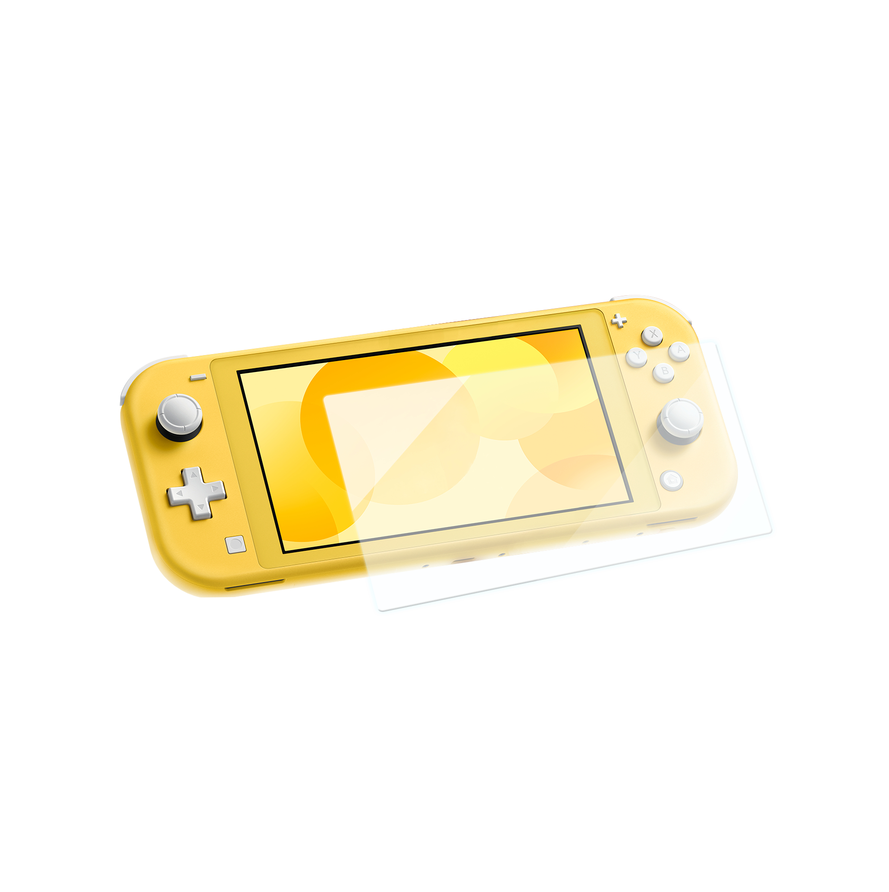 Gelbe Nintendo Switch Lite mit Displayschutz, auf Weiß.