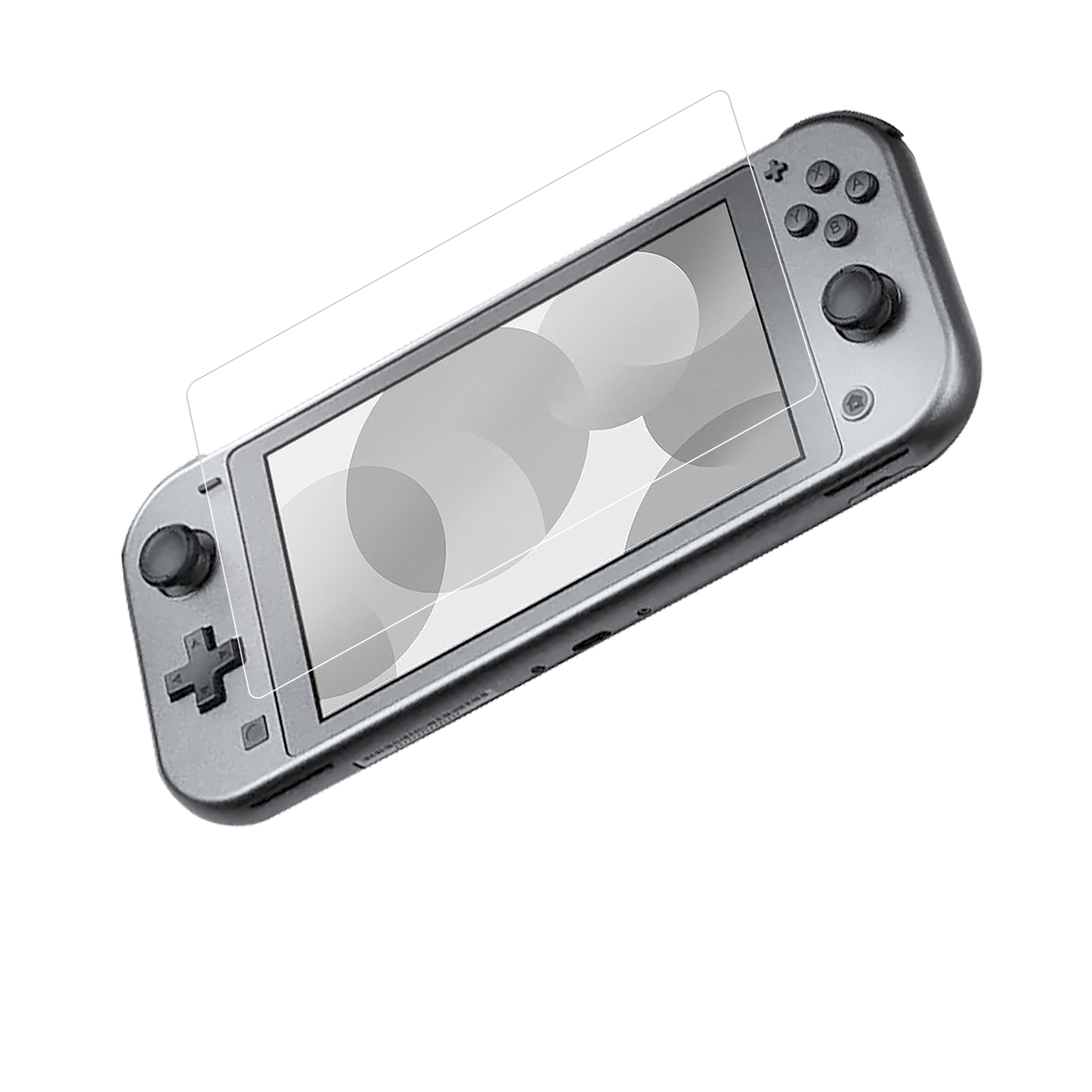 Silbernes Nintendo Switch Lite mit Displayschutz. Der Bildschirm ist an.