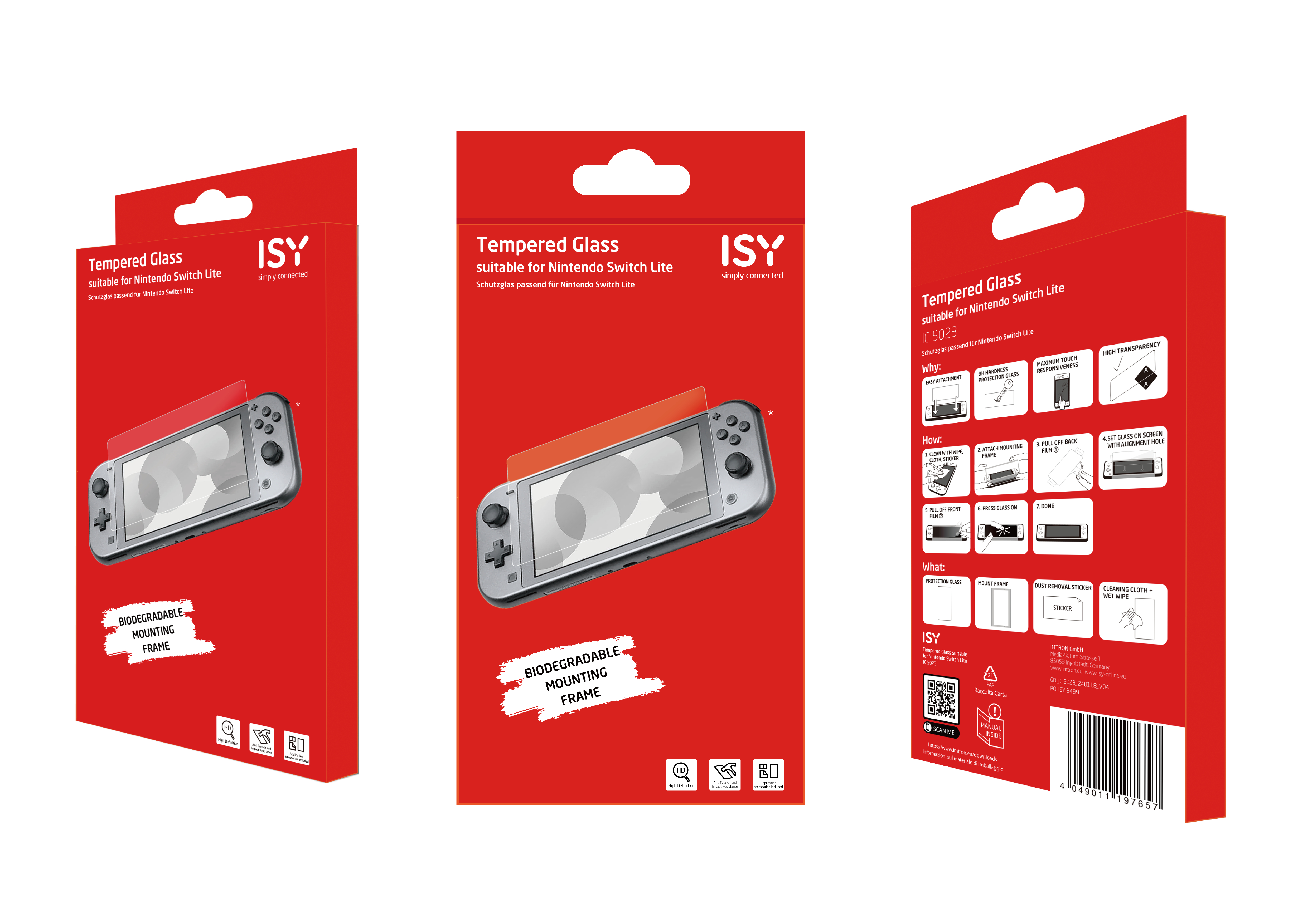 Rote Box mit Nintendo Switch Lite. Mehrere Ansichten. Text und Bilder auf der Box.