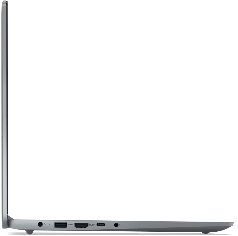 Seitenansicht eines grauen Laptops, zeigt den Bildschirm und Anschlüsse. Schwarzer Hintergrund.