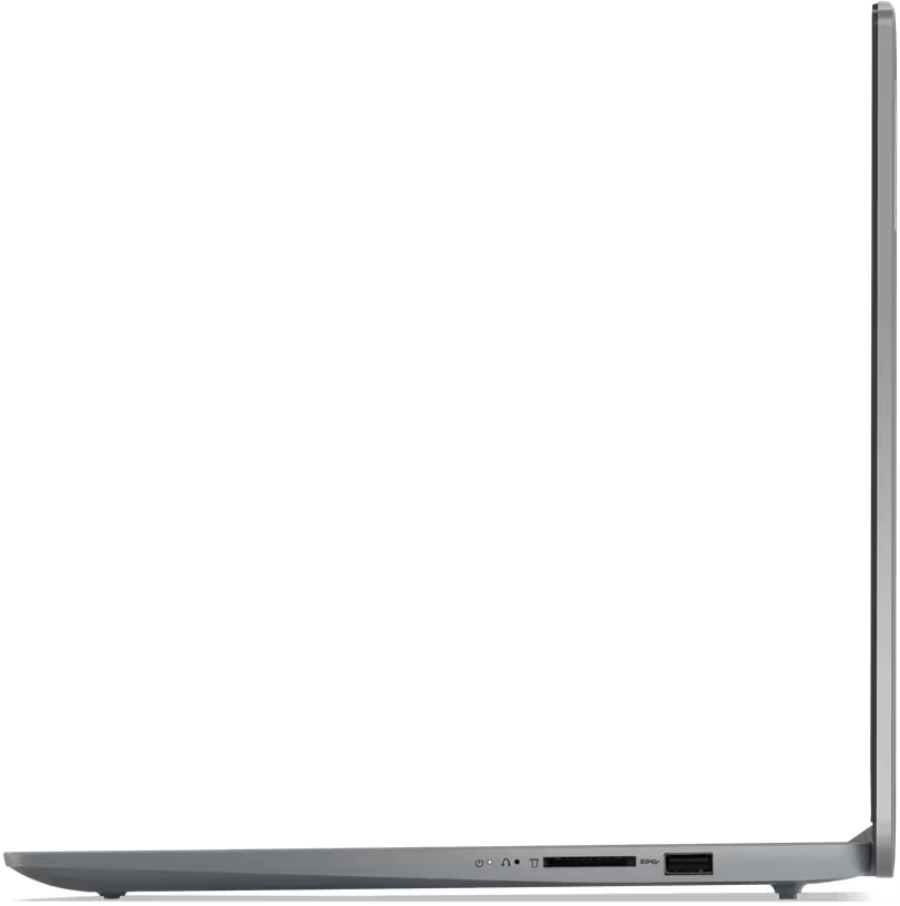 Seitenansicht eines Laptops, grau, leicht geöffnet.