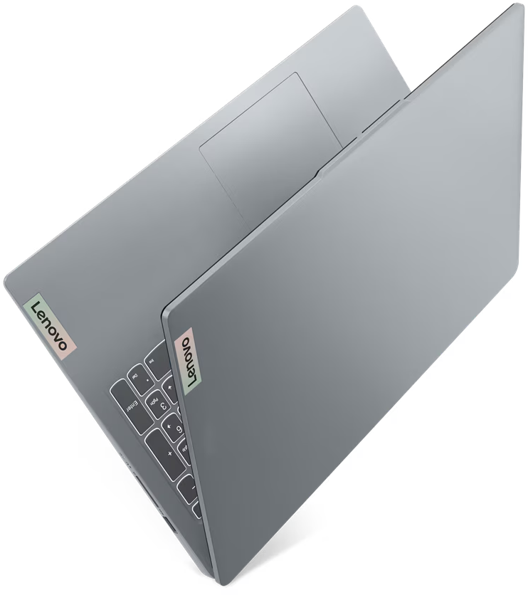 Grauer Laptop mit Lenovo-Logo. Er ist geöffnet und geneigt, Tastatur und Bildschirm zeigend.