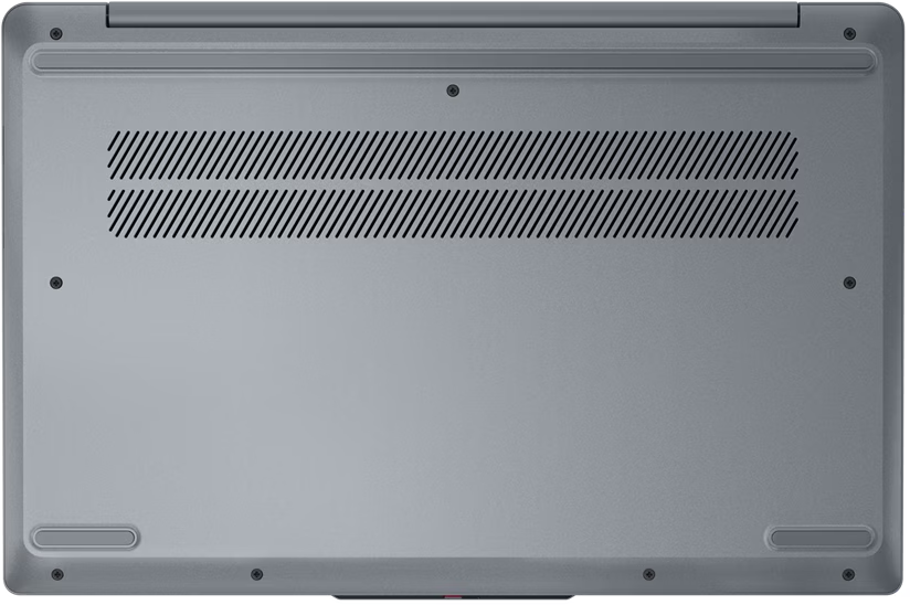 Grauer Laptop-Sockel mit sichtbaren Lüftungsschlitzen und Schrauben.