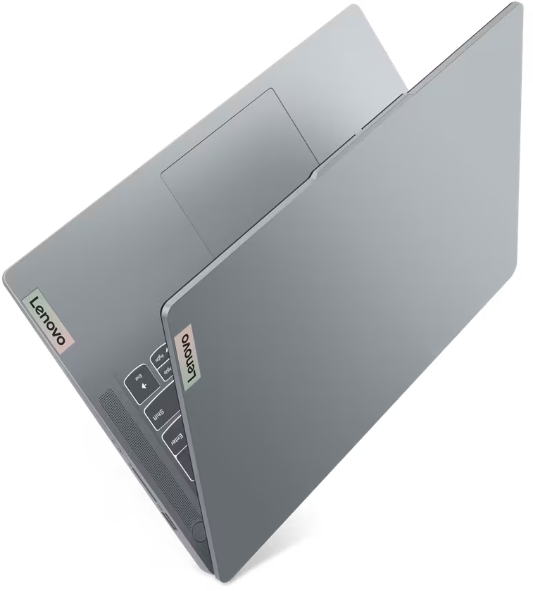 Laptop, Draufsicht, offen, grau mit Lenovo-Logo auf dem Deckel.