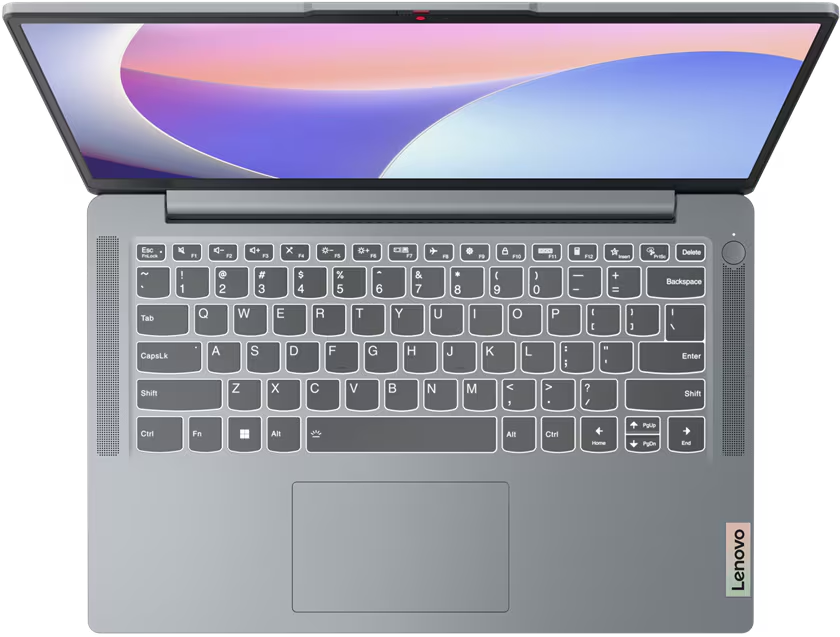 Laptop, Draufsicht. Offen, silber. Tastatur sichtbar. Bildschirm zeigt bunten Hintergrund. Lenovo-Logo.