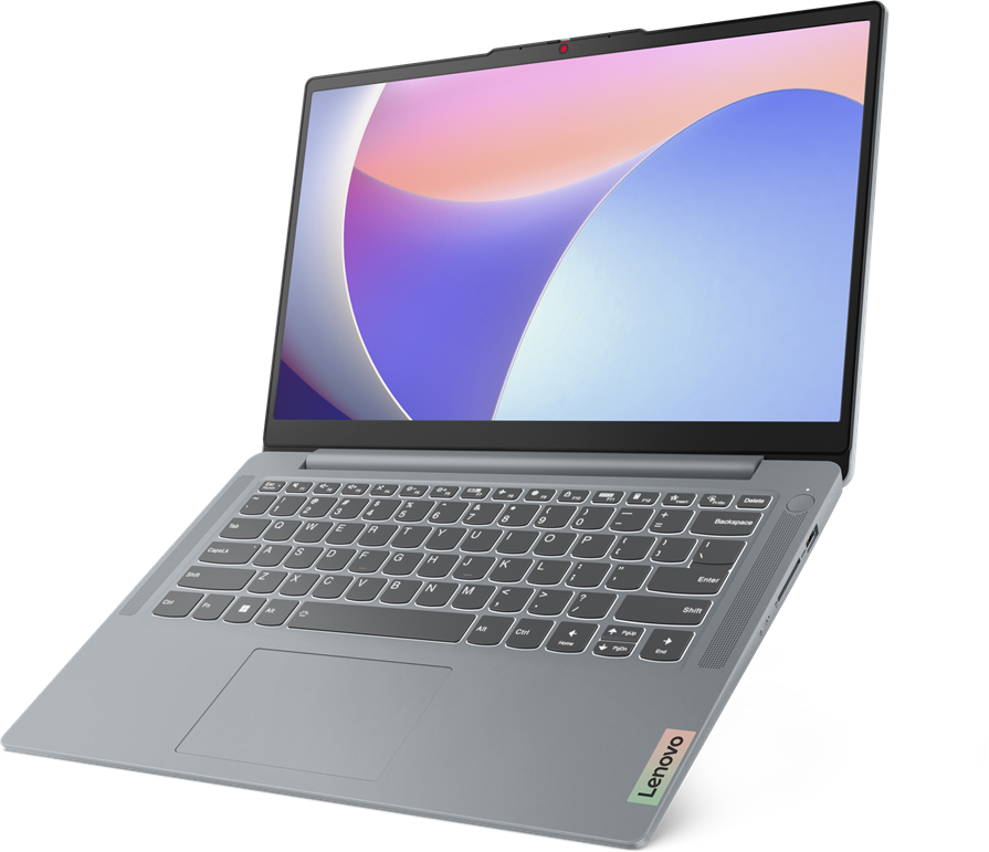 Grauer Laptop, offen, mit Tastatur sichtbar und Lenovo-Logo unten.