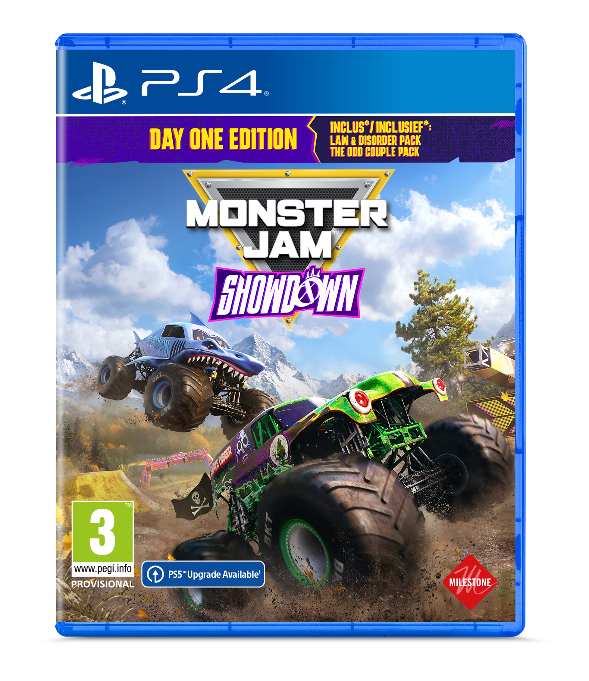 PS4 gamebox. Monster Jam Showdown cover art. Twee monstertrucks in actie op een berg.