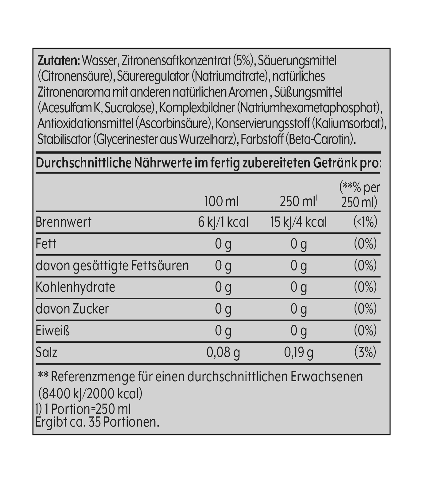 Etikett mit Nährwertinformationen. Listet Zutaten und Nährwerte auf.