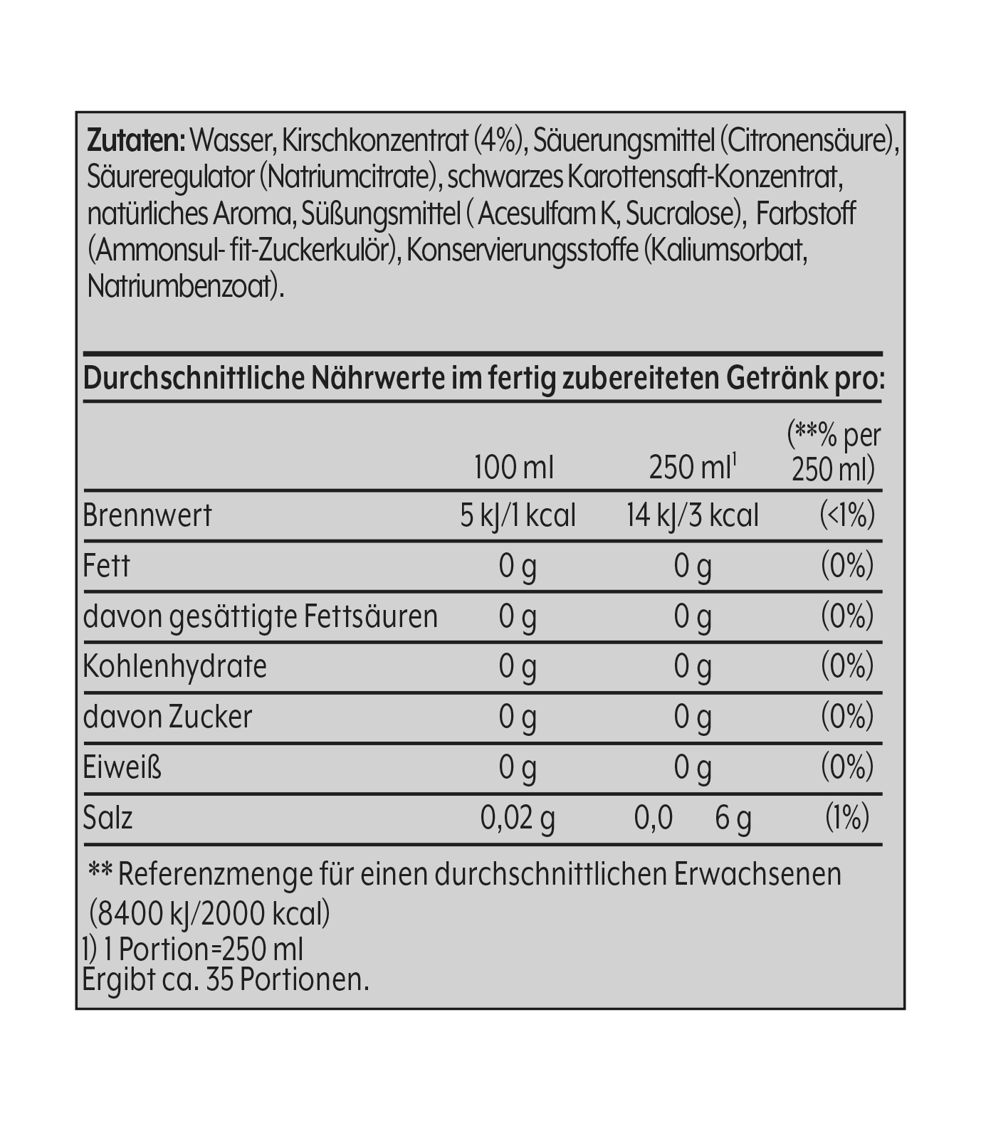 Nährwerttabelle mit Werten für Energie, Fett, Kohlenhydrate, Zucker, Eiweiß und Salz.