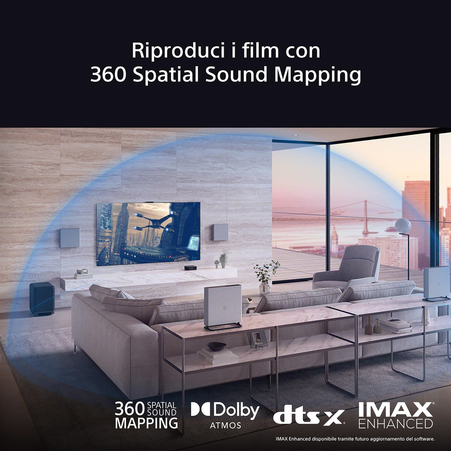 Soggiorno con TV che mostra una scena futuristica, grafico del sound mapping.