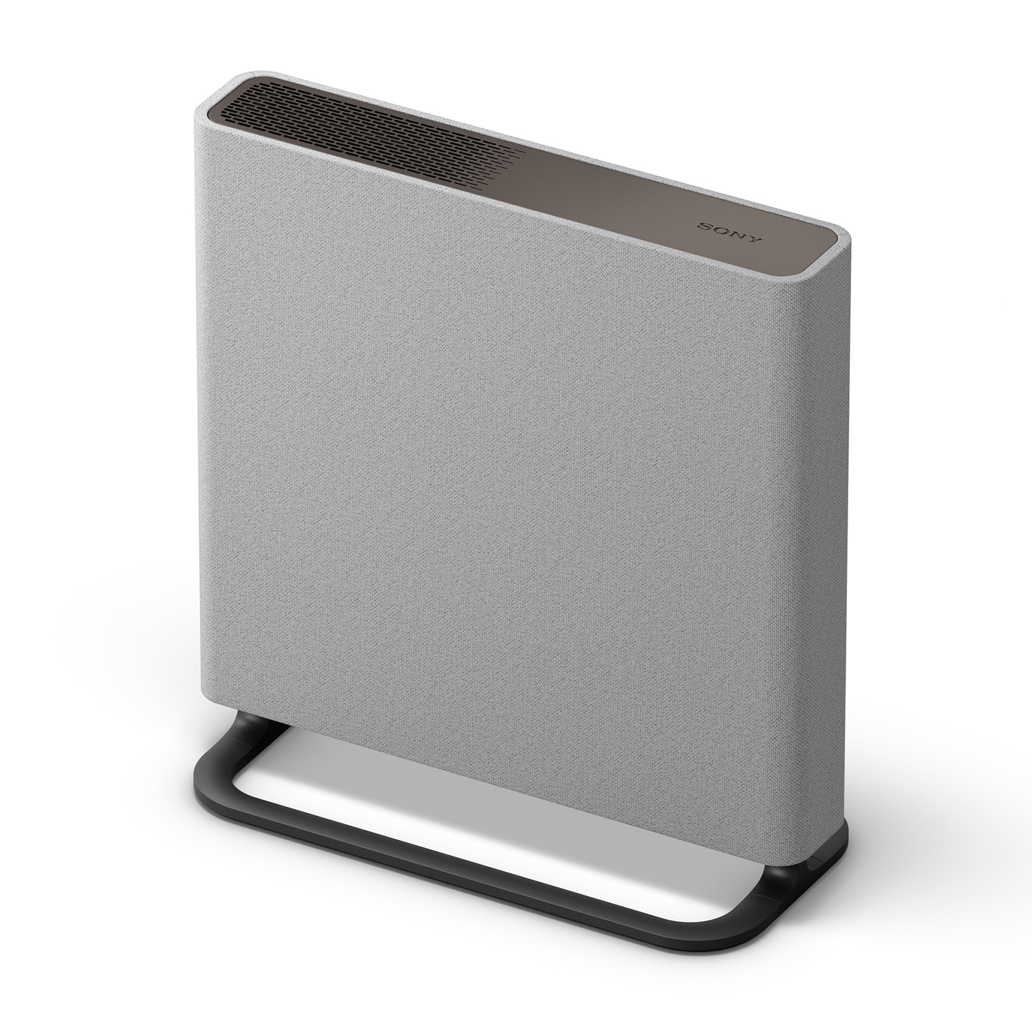 Un altoparlante Sony grigio con la parte superiore scura. È rettangolare e su base nera.