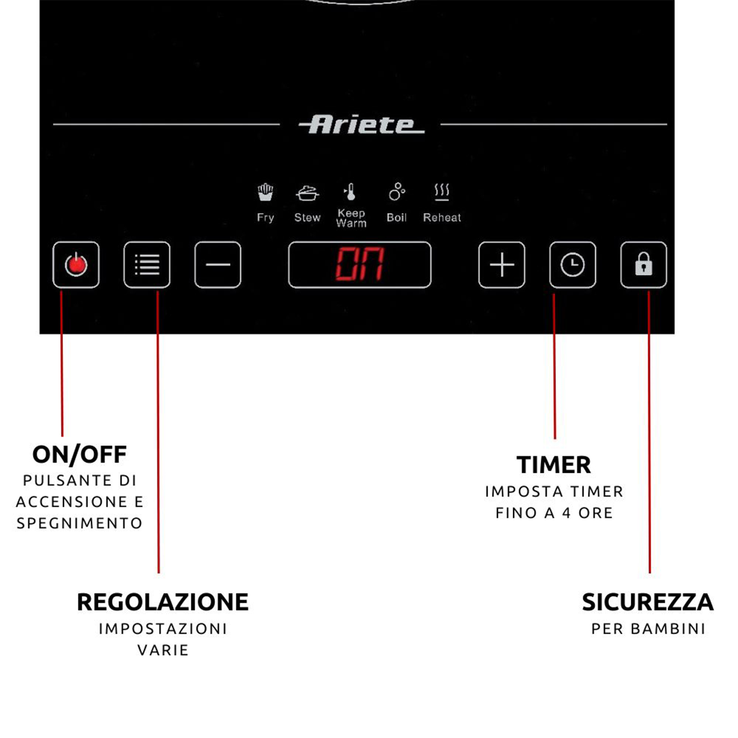 Pannello di controllo del piano cottura a induzione nero con testo e pulsanti.