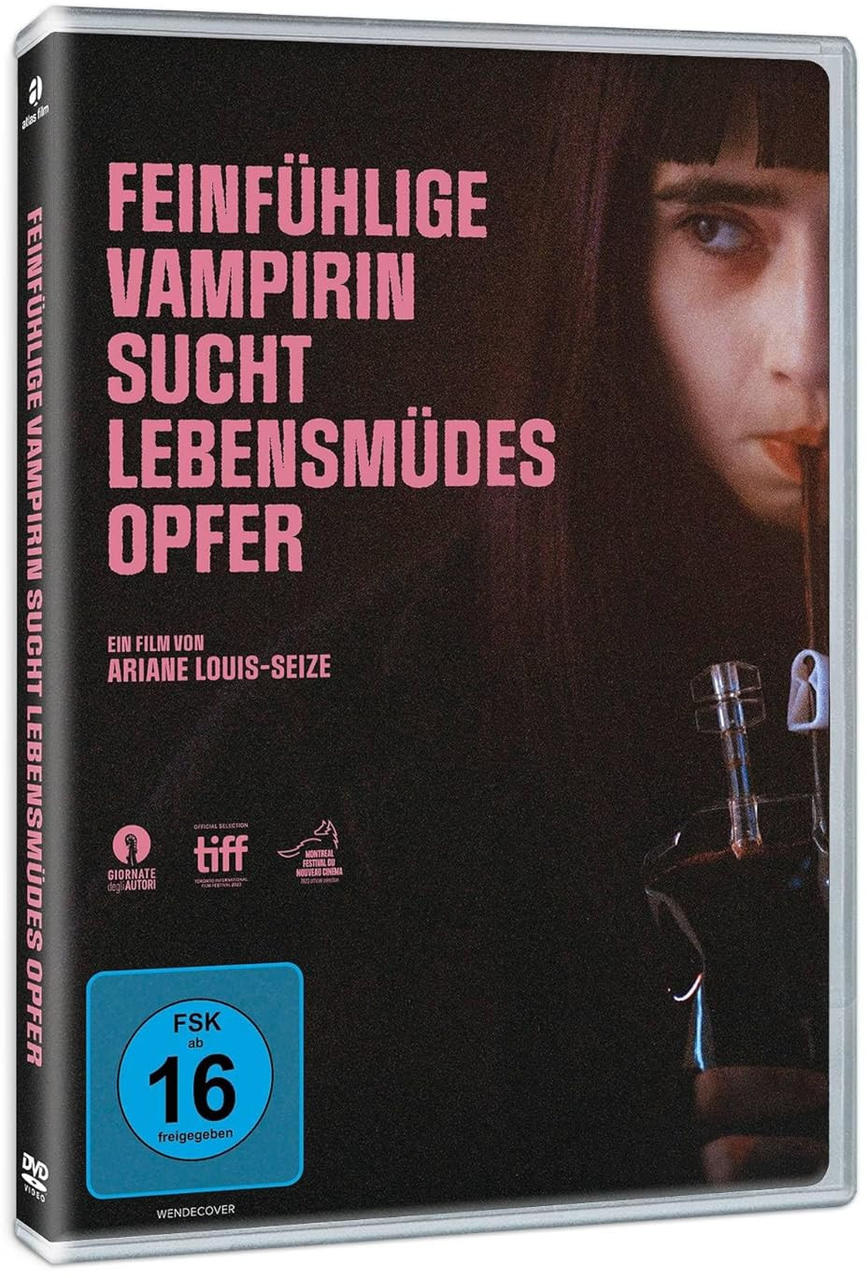 DVD-Hülle: 'Feinfühlige Vampirin sucht Lebensmüdes Opfer' mit Frauengesicht und dunklem Hintergrund.