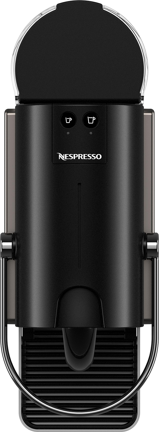 Fekete Nespresso kávéfőző, felülnézet, két csészegombbal és fogantyúval.