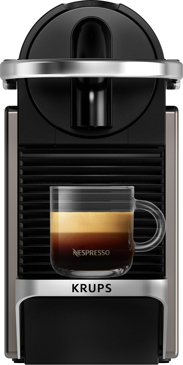 Nespresso kávéfőző egy üveg kávéscsészével és a KRUPS márkával rajta.