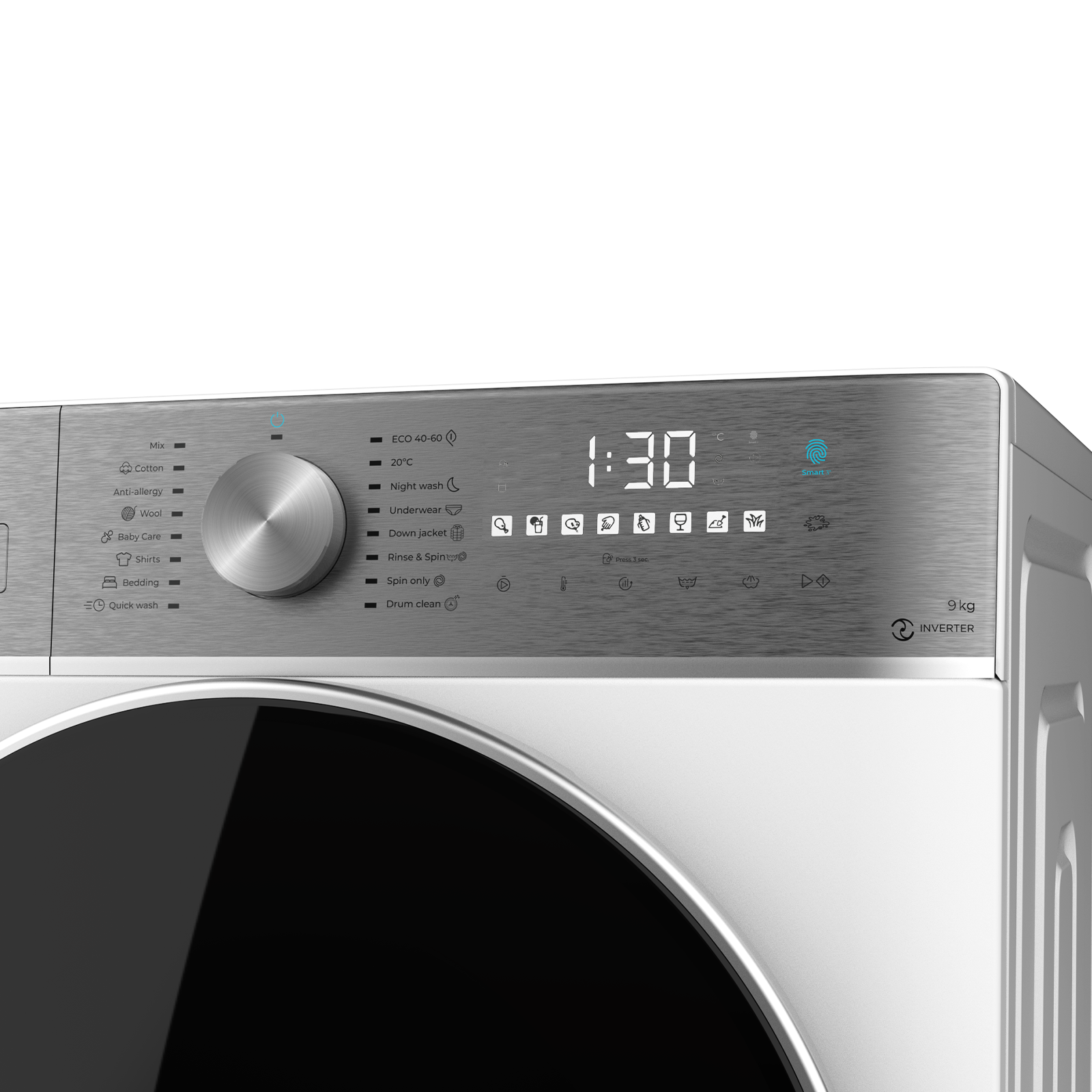 Un panel de control de lavadora blanco con una pantalla digital.