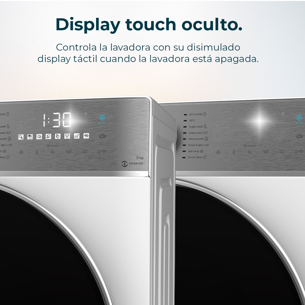 Dos lavadoras con pantalla digital. Una muestra 1:30. Los botones son visibles. Las máquinas son blancas y plateadas.