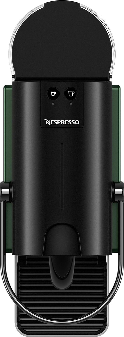 Fekete Nespresso kávéfőző. Kerekített teteje van, két csésze ikonnal és Nespresso logóval. A gép hátulja zöld.
