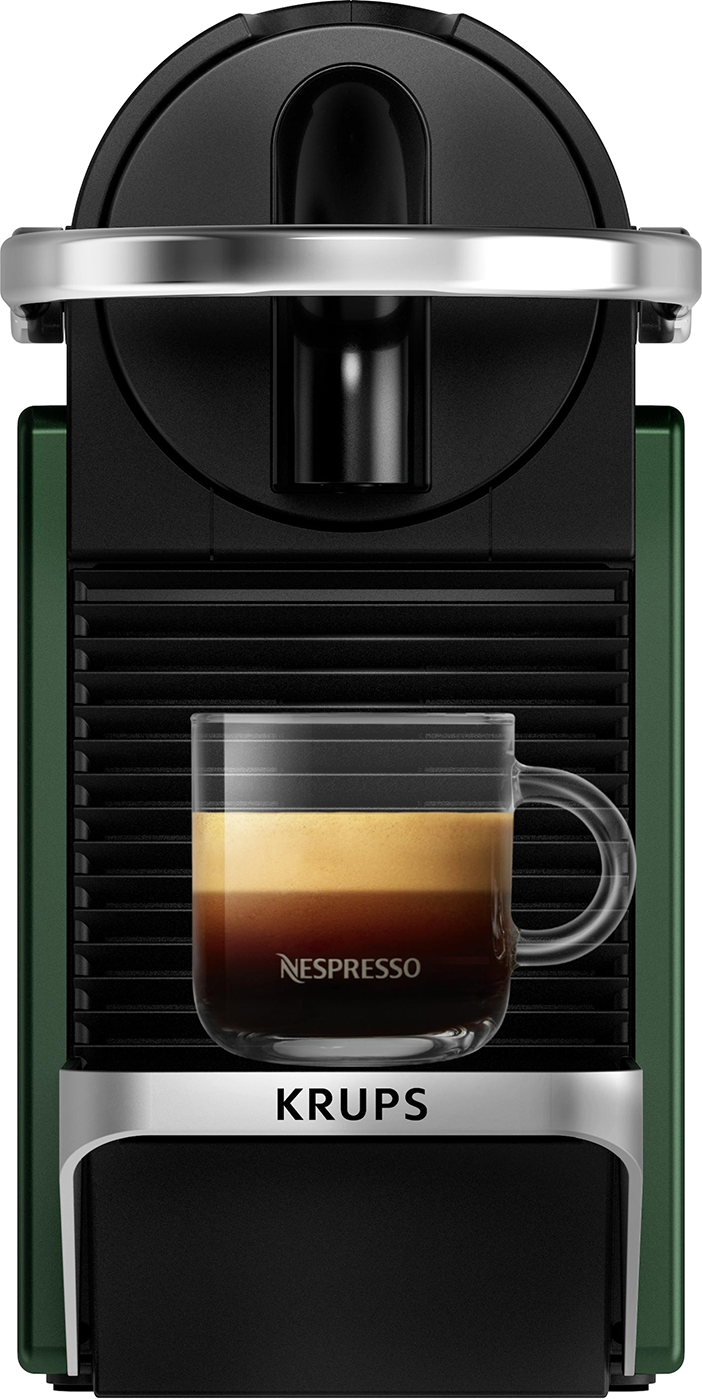 Zöld és fekete Nespresso kávéfőző, rétegezett kávéval. Alul a "KRUPS" felirat.