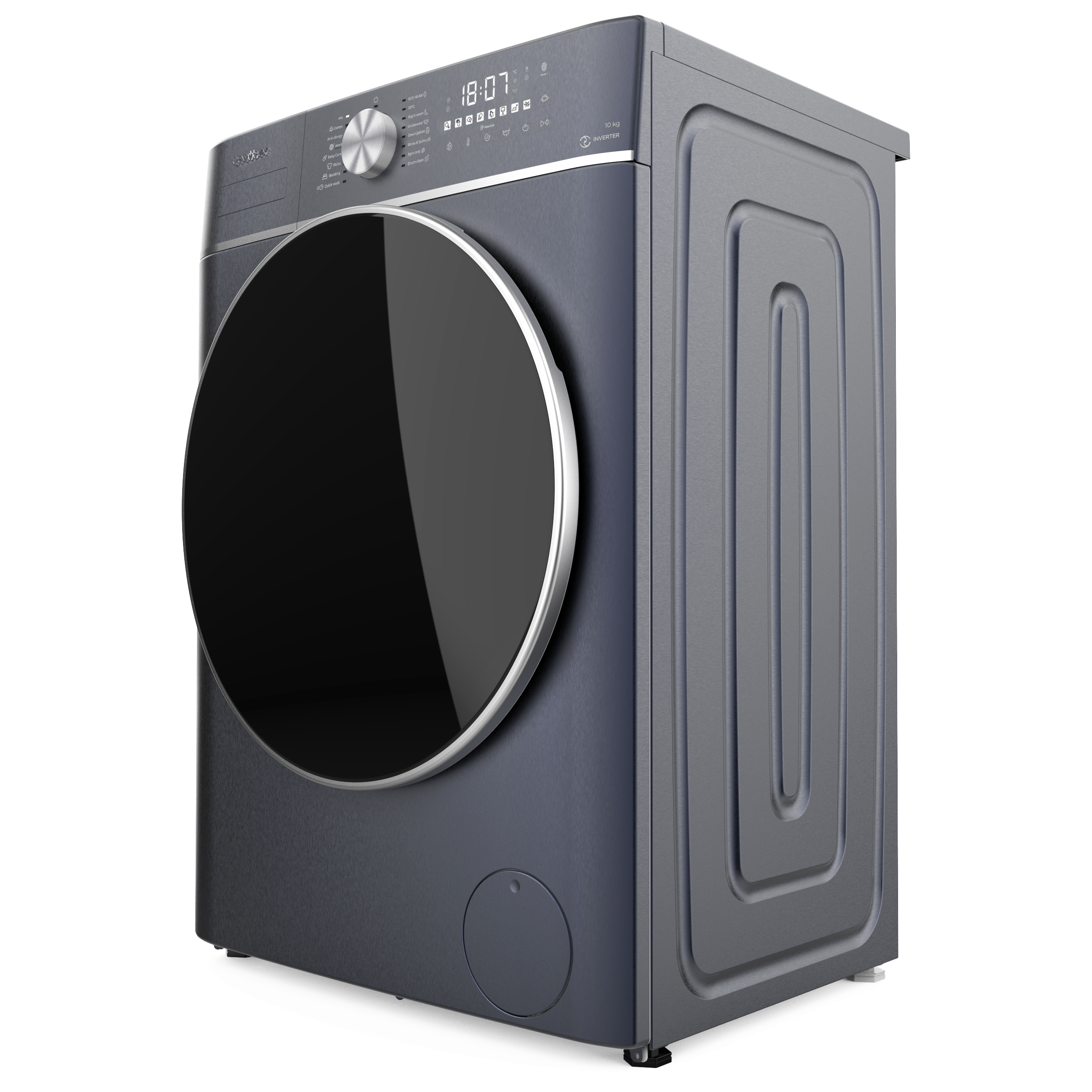 Una lavadora gris oscuro con una gran puerta negra y un panel de control.