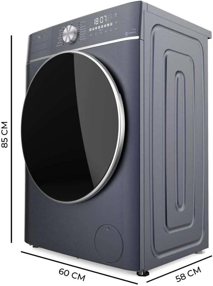 Una lavadora gris oscuro que muestra las dimensiones y una puerta circular.