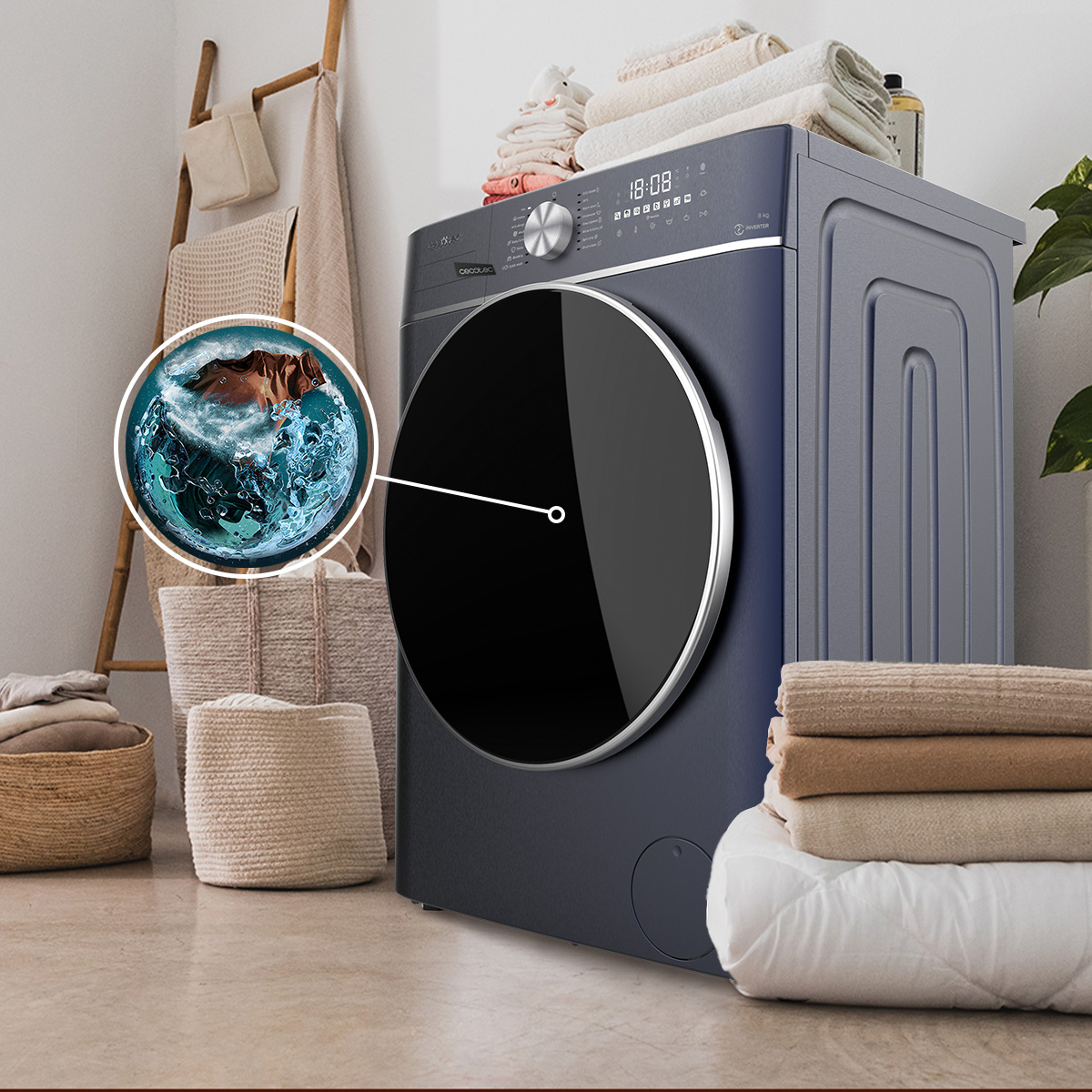 Lavadora con pantalla, cesta de ropa y toallas.