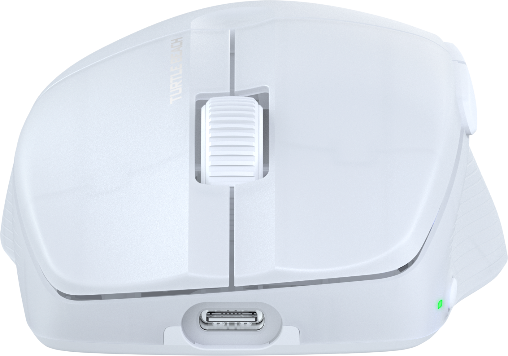 Mouse per computer bianco con rotella di scorrimento e porta di ricarica. Luce verde visibile.