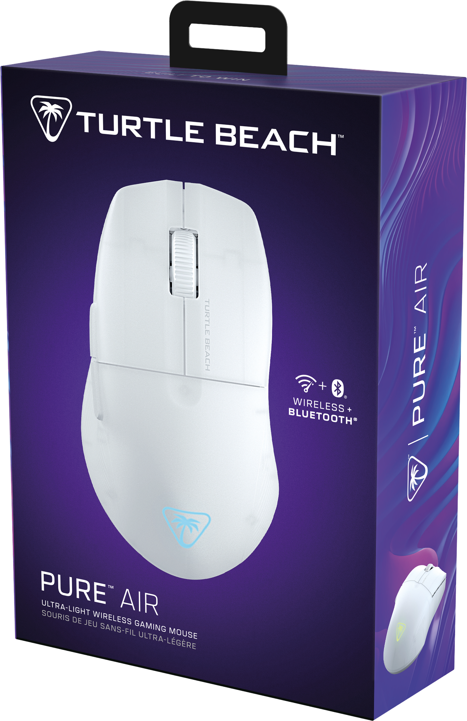 Un mouse da gioco bianco in una scatola con il marchio 'Turtle Beach' e il nome del prodotto 'Pure Air'.