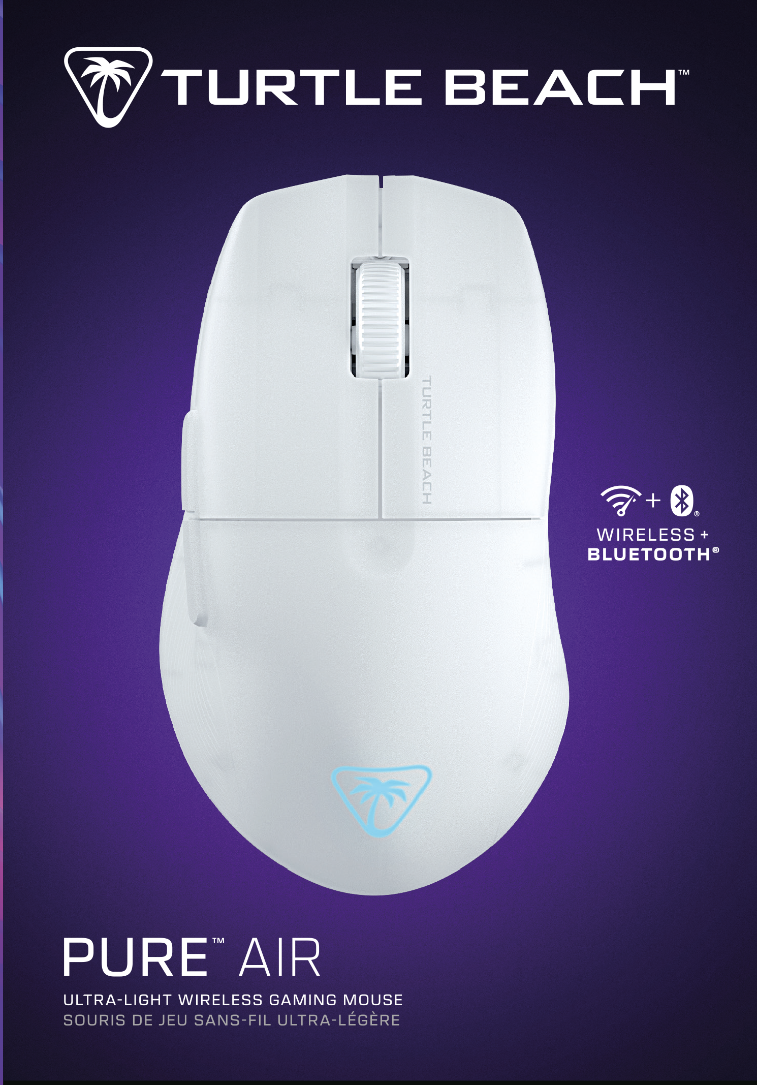 Mouse da gioco wireless bianco Turtle Beach Pure Air su sfondo viola. Logo Bluetooth.